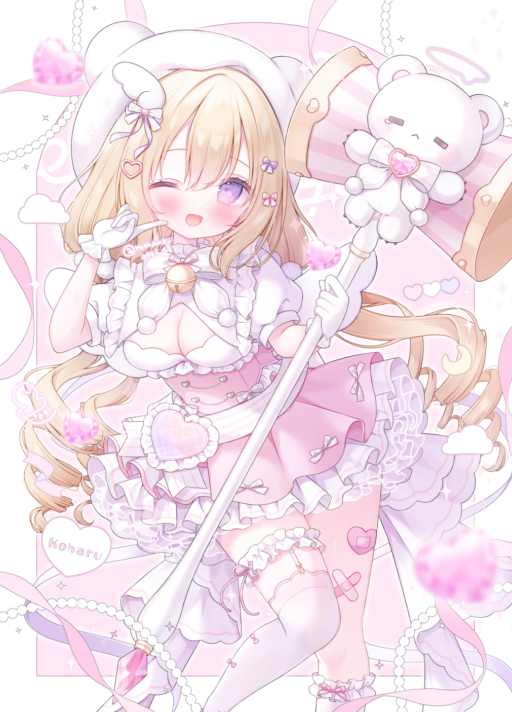 1girl :d asymmetrical_legwear bandaid bandaid_on_leg bell blonde_hair bow bowtie breasts brooch buttons center-flap_bangs cleavage cleavage_cutout clothing_cutout collared_dress comiket_104 commentary_request crossed_bandaids double-parted_bangs dress feet_out_of_frame frilled_dress frilled_gloves frills gloves hair_bow hair_ornament halo hammer hand_on_own_cheek hand_on_own_face hand_up hat heart heart-shaped_bandaid heart-shaped_gem heart_brooch heart_button heart_hair_ornament highres holding holding_hammer jewelry kneehighs knees_together_feet_apart long_hair looking_at_viewer magical_girl medium_breasts multiple_hair_bows neck_bell omochi_monaka one_eye_closed open_mouth original pink_bandaid pink_bow pink_dress pink_halo pink_socks puffy_short_sleeves puffy_sleeves purple_bow purple_eyes short_dress short_sleeves sidelocks single_kneehigh single_sock single_thighhigh smile socks solo stuffed_animal stuffed_toy teddy_bear thighhighs white_bow white_bowtie white_gloves white_hat wing_hair_ornament