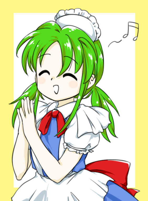 1girl :d ^_^ apron back_bow blue_dress bow closed_eyes collared_dress dress green_hair hands_up long_hair maid_headdress musical_note neck_ribbon nonamejd official_style open_mouth own_hands_together puffy_short_sleeves puffy_sleeves red_bow red_ribbon ribbon ruukoto short_sleeves smile solo touhou touhou_(pc-98) twintails white_apron zun_(style)