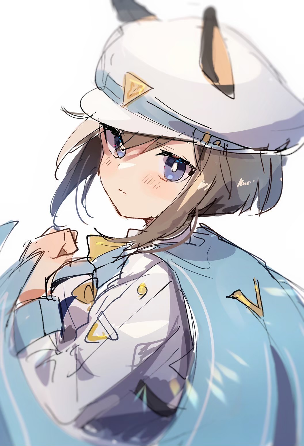 1girl animal_ears ascot black_shirt blue_eyes blush breasts brown_hair cape cheval_grand_(umamusume) closed_mouth collared_shirt commentary_request ear_covers embarrassed gloves hair_between_eyes hair_ornament hat highres horse_ears horse_girl jacket looking_at_viewer medium_breasts medium_hair multicolored_hair peaked_cap portrait shirano_akihiro shirt smile solo streaked_hair sweat umamusume uniform upper_body white_background white_gloves white_hair white_hat yellow_ascot