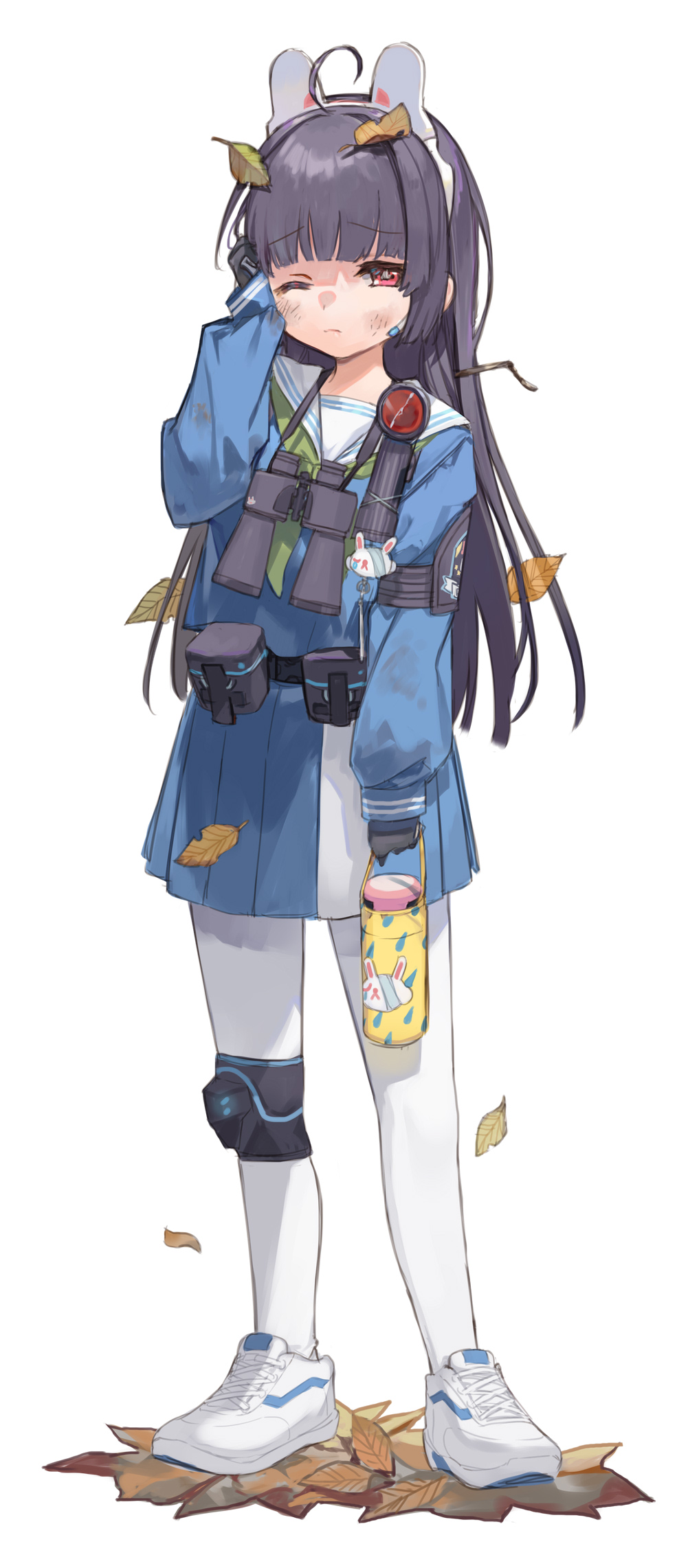 ahoge amana_(pocketkey) animal_ears armband autumn_leaves binoculars black_gloves black_hair blue_archive blue_serafuku broken_glass closed_mouth commentary_request dirty dirty_clothes dirty_face fake_animal_ears flashlight full_body glass gloves green_neckerchief headset highres knee_pads leaf leaf_on_head load_bearing_equipment long_hair long_sleeves looking_at_viewer miyu_(blue_archive) neckerchief one_eye_closed pantyhose pleated_skirt rabbit_ears red_eyes sailor_collar school_uniform serafuku shoes single_knee_pad skirt sneakers solo standing thermos twig white_background white_pantyhose white_sailor_collar white_shoes