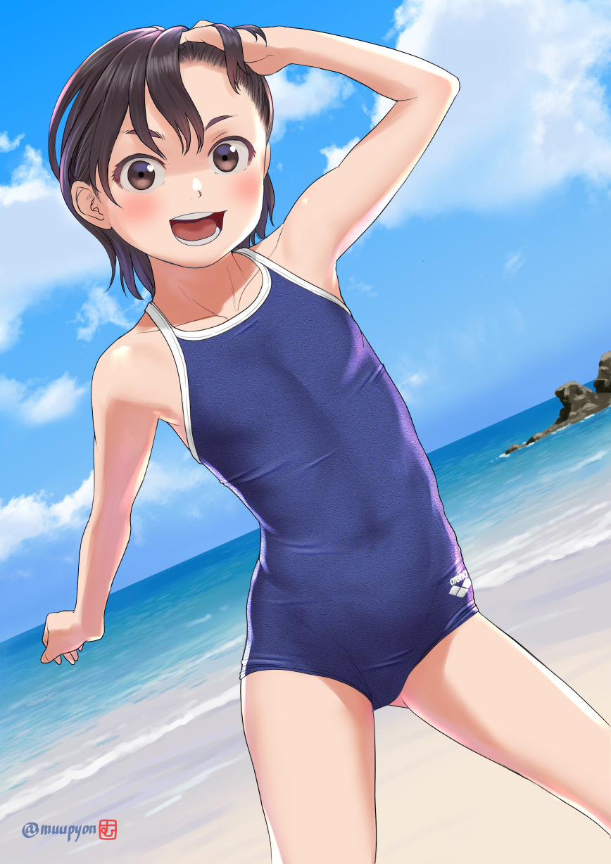 1girl arena_(company) artist_logo beach black_hair blue_one-piece_swimsuit blue_sky brown_eyes chil cloud commentary_request competition_school_swimsuit day dutch_angle flat_chest highres horizon logo mu-pyon ocean one-piece_swimsuit open_mouth original outdoors school_swimsuit short_hair sky smile solo standing swimsuit twitter_username