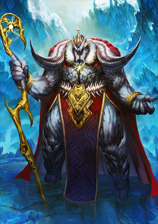 1boy bangle blue_background bracelet cape claws colored_skin crown dannoura_yuuki fate/grand_order fate_(series) front_slit full_body fur-trimmed_cape fur_trim grey_skin hands_up holding holding_staff ivan_the_terrible_(fate) jewelry legs_apart lightning male_focus monster_boy official_art pelvic_curtain red_cape solo staff standing third-party_source variant_set