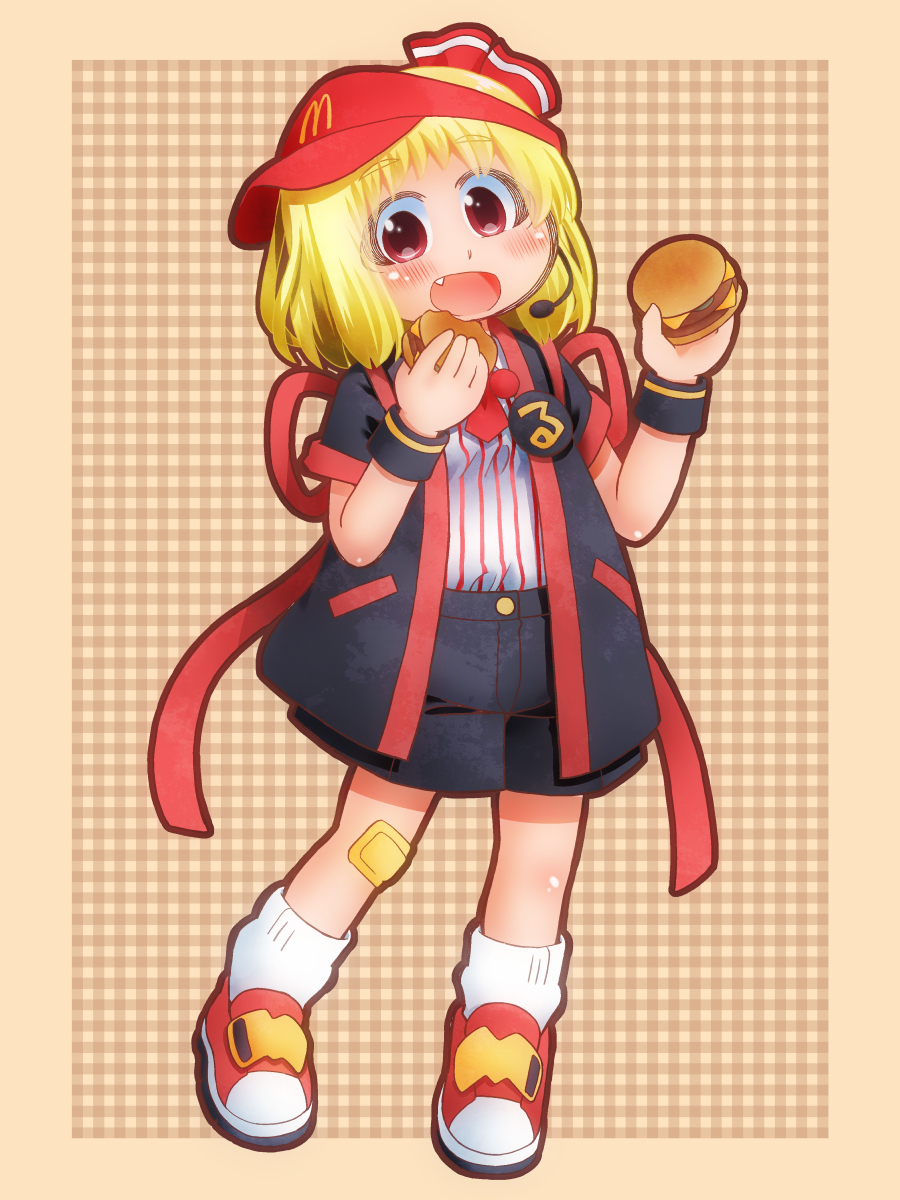 1girl adapted_costume alternate_costume badge black_happi black_shorts blonde_hair blush burger button_badge commentary_request cosplay imadake_dabuchi_tabemi eating employee_uniform fang fast_food_uniform food gauze_on_knee hat headset highres holding holding_burger holding_food imadake_dabuchi_tabemi_(cosplay) looking_at_viewer matty_(zuwzi) mcdonald&#039;s open_happi open_mouth red_eyes red_hat rumia shirt shoes shorts smile socks solo striped_clothes striped_shirt velcro_footwear vertical-striped_clothes vertical-striped_shirt visor_cap white_socks