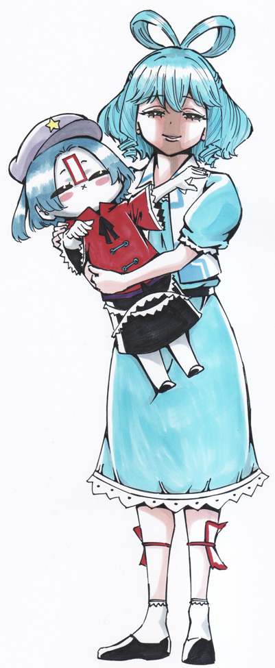 2girls black_eyes black_shoes black_skirt blue_dress blue_hair blush_stickers chinese_clothes closed_eyes colored_skin commentary_request dress drill_hair drill_sidelocks full_body hair_rings half-closed_eyes hat hat_ornament jiangshi kaku_seiga lace-trimmed_sleeves lace_trim looking_at_viewer miyako_yoshika multiple_girls newsboy_cap ofuda open_clothes open_mouth open_vest outstretched_arms puffy_short_sleeves puffy_sleeves purple_hat red_shirt s590220 shaded_face shirt shoes short_hair short_sleeves sidelocks simple_background skirt smile socks standing star_(symbol) star_hat_ornament tangzhuang touhou vest white_background white_skin white_socks white_vest x_mouth zombie_pose