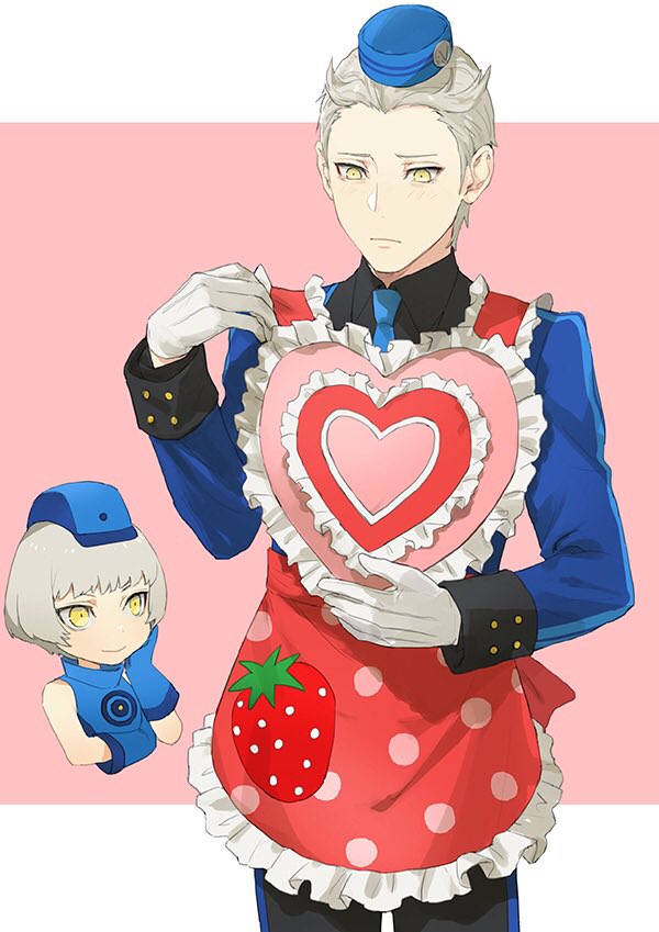 1boy 1girl apron blue_dress blue_headwear blue_jacket blue_necktie blush closed_mouth dress elizabeth_(persona) gloves grey_hair hat heart_apron isa_(peien516) jacket long_sleeves male_focus necktie pants persona persona_3 persona_3_portable persona_q:_shadow_of_the_labyrinth persona_q_(series) simple_background sleeveless sleeveless_dress theodore_(persona) two-tone_background white_gloves yellow_eyes