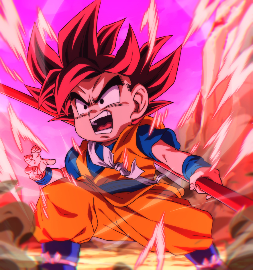 1boy aged_down armband blue_armband blue_boots blue_shirt boots dougi dragon_ball dragon_ball_daima holding holding_staff kaiouken open_mouth orange_dougi orange_pants pants red_hair rom_(20) saiyan screaming shirt solo son_goku spiked_hair staff