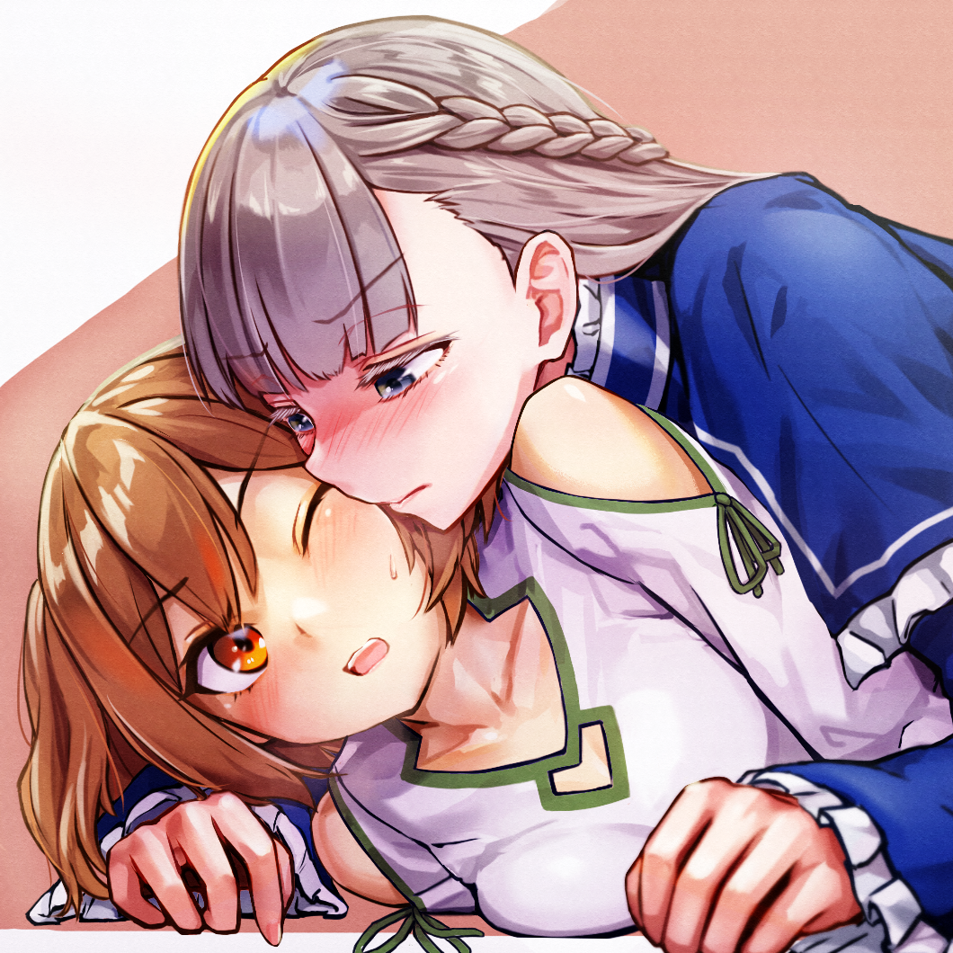 2girls 3: blue_capelet blue_eyes blush braid breasts brown_hair capelet cheek-to-cheek clothing_cutout collarbone commentary_request d: frilled_capelet frills girl_on_top green_ribbon grey_hair half_updo heads_together kanne_(sousou_no_frieren) lawine_(sousou_no_frieren) long_sleeves misogi_(misogi1341) multiple_girls nuzzle one_eye_closed open_mouth orange_eyes pink_background ribbon shoulder_cutout shoulder_ribbon small_breasts sousou_no_frieren sweat two_side_up yuri
