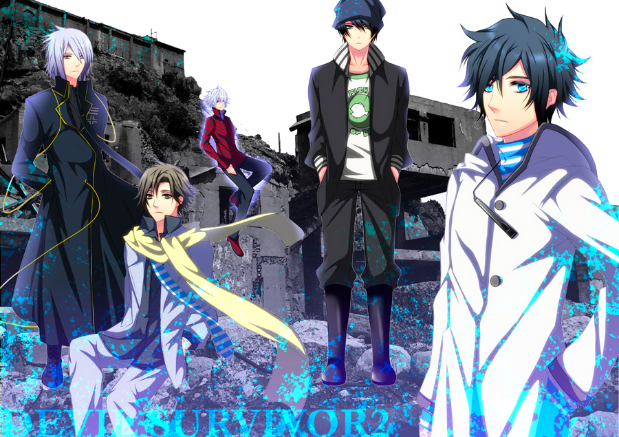 10s 5boys black_hair brown_hair devil_survivor_(series) devil_survivor_2 digital_media_player hat houtsuin_yamato kuze_hibiki madchaos male_focus melancholy_man multiple_boys protagonist_(devil_survivor_2) ruins scarf shijima_daichi torii_jungo toshimitsu_megumi white_hair