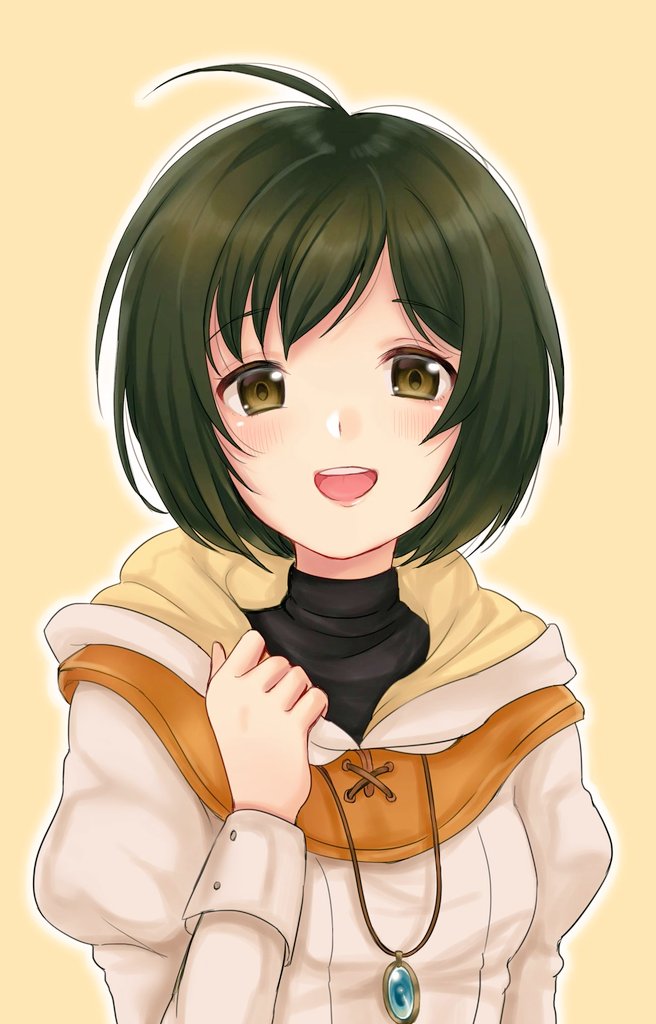 1girl ahoge black_hair brown_eyes female_focus fire_emblem fire_emblem:_radiant_dawn hood hood_down jewelry laura_(fire_emblem) long_sleeves nintendo open_mouth pendant shimizu_akina short_hair simple_background solo upper_body