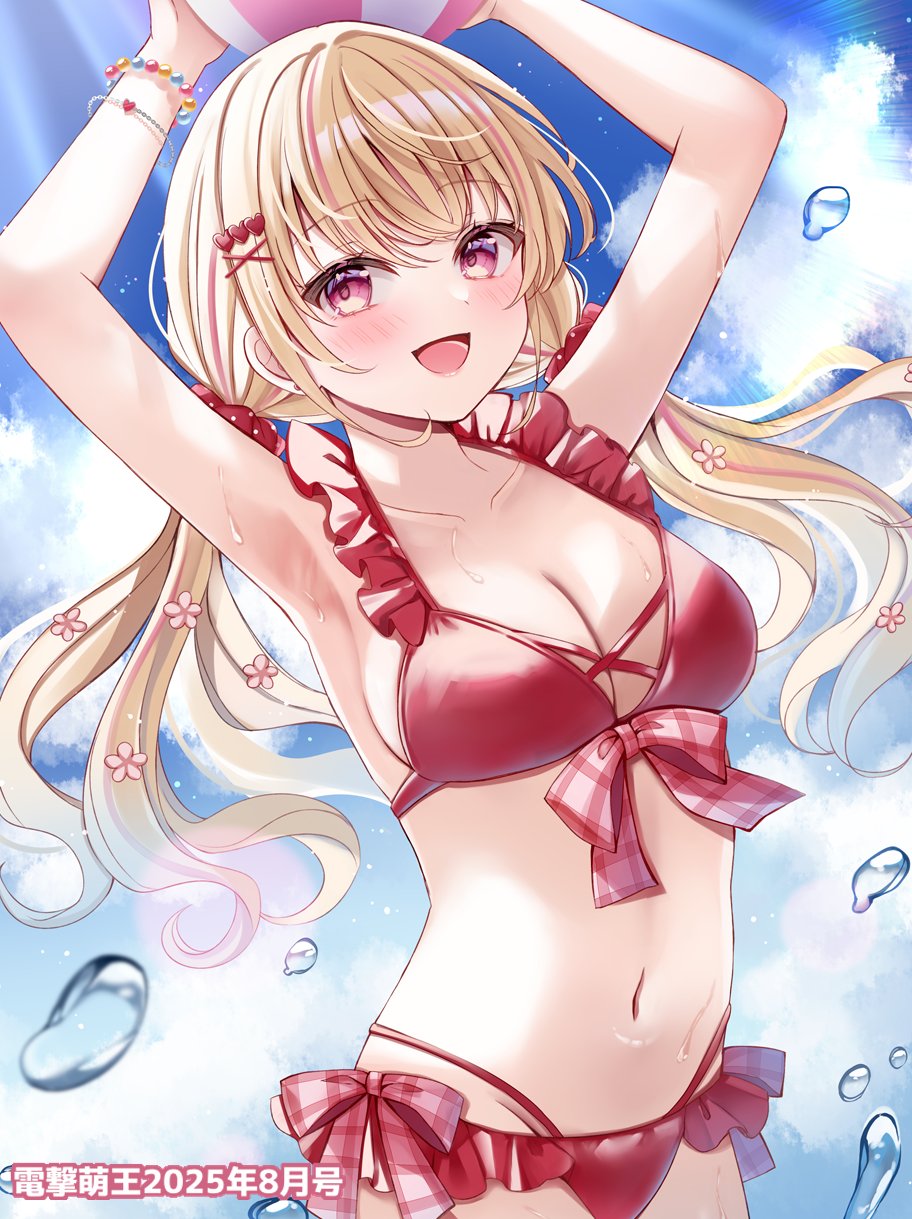 1girl armpits arms_up ball beachball bikini blonde_hair blush bracelet breasts cleavage hair_between_eyes hair_ornament highres holding holding_ball holding_beachball jewelry large_breasts long_hair looking_at_viewer navel open_mouth original pink_eyes pink_hair red_bikini sakura_hiyori smile solo stomach swimsuit water wet