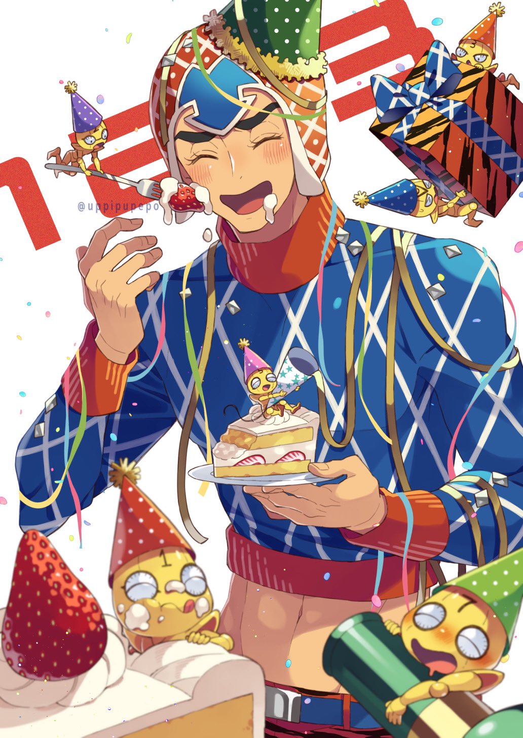 1boy 6+boys argyle_clothes argyle_sweater birthday black_hair guido_mista happy_birthday hat highres jojo_no_kimyou_na_bouken midriff multiple_boys short_hair sweater turtleneck uppi vento_aureo