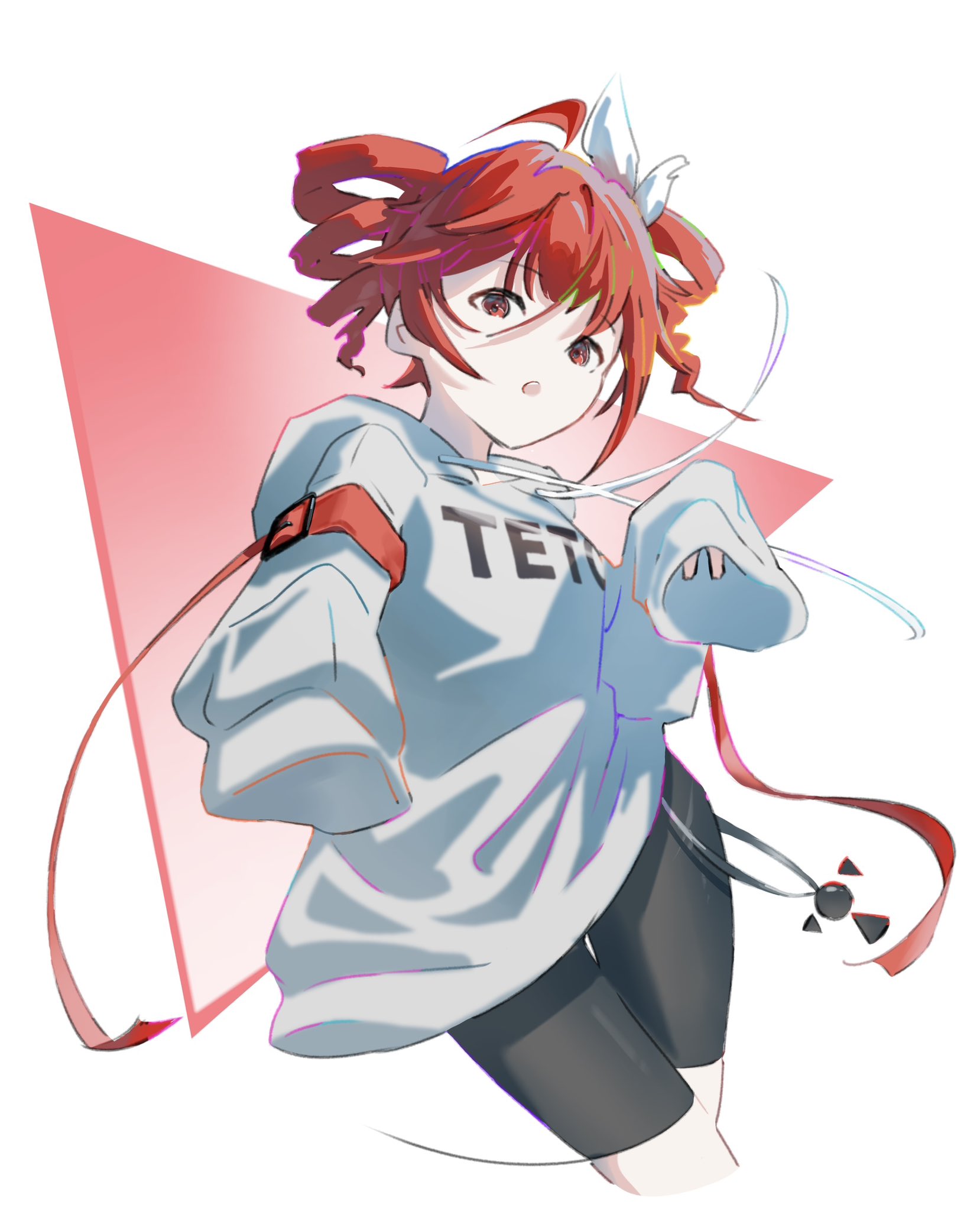 1girl :o ahoge alternate_costume arm_belt belt bike_shorts black_shorts bow commentary grey_sweater hair_between_eyes hair_bow hand_up highres kasane_teto kasane_teto_(sv) looking_at_viewer mituban0yousei red_belt red_eyes red_hair shorts sleeves_past_fingers sleeves_past_wrists solo sweater symbol-only_commentary synthesizer_v triangle_background utau very_long_sleeves white_background