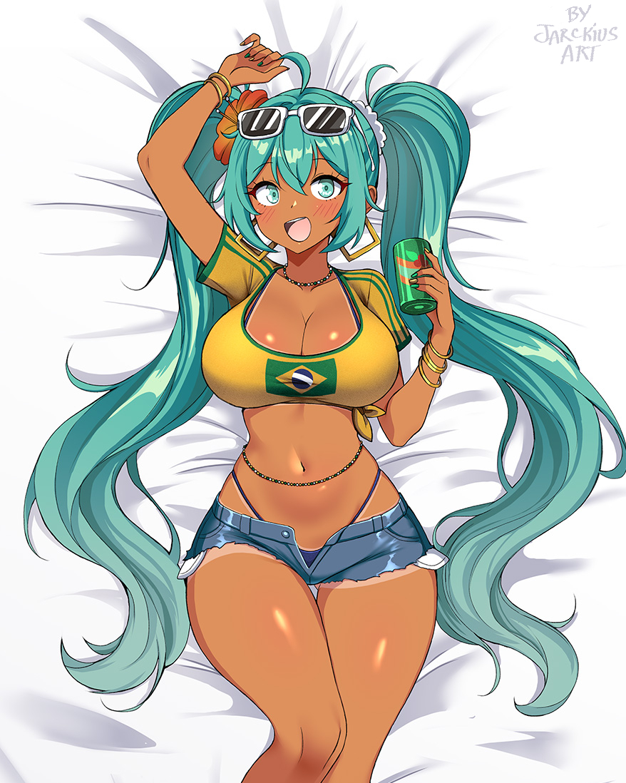 ahoge aqua_eyes aqua_hair ass bed blush bracelet brazilian_flag brazilian_flag_print brazilian_miku breasts can cleavage collarbone crop_top dark-skinned_female dark_skin denim denim_shorts drink ear_piercing earrings eyewear_on_head flag_print flower gold_bracelet green_nails guarana_antarctica hair_elastic hair_flower hair_ornament hatsune_miku holding holding_can holding_drink jarckius jewelry large_breasts long_hair lying multicolored_nails navel necklace on_back on_bed open_clothes open_mouth open_shorts piercing shiny_skin shirt short_shorts shorts smile solo sunglasses t-shirt tan thighs very_long_hair vocaloid waist_jewel wide_hips yellow_nails yellow_shirt