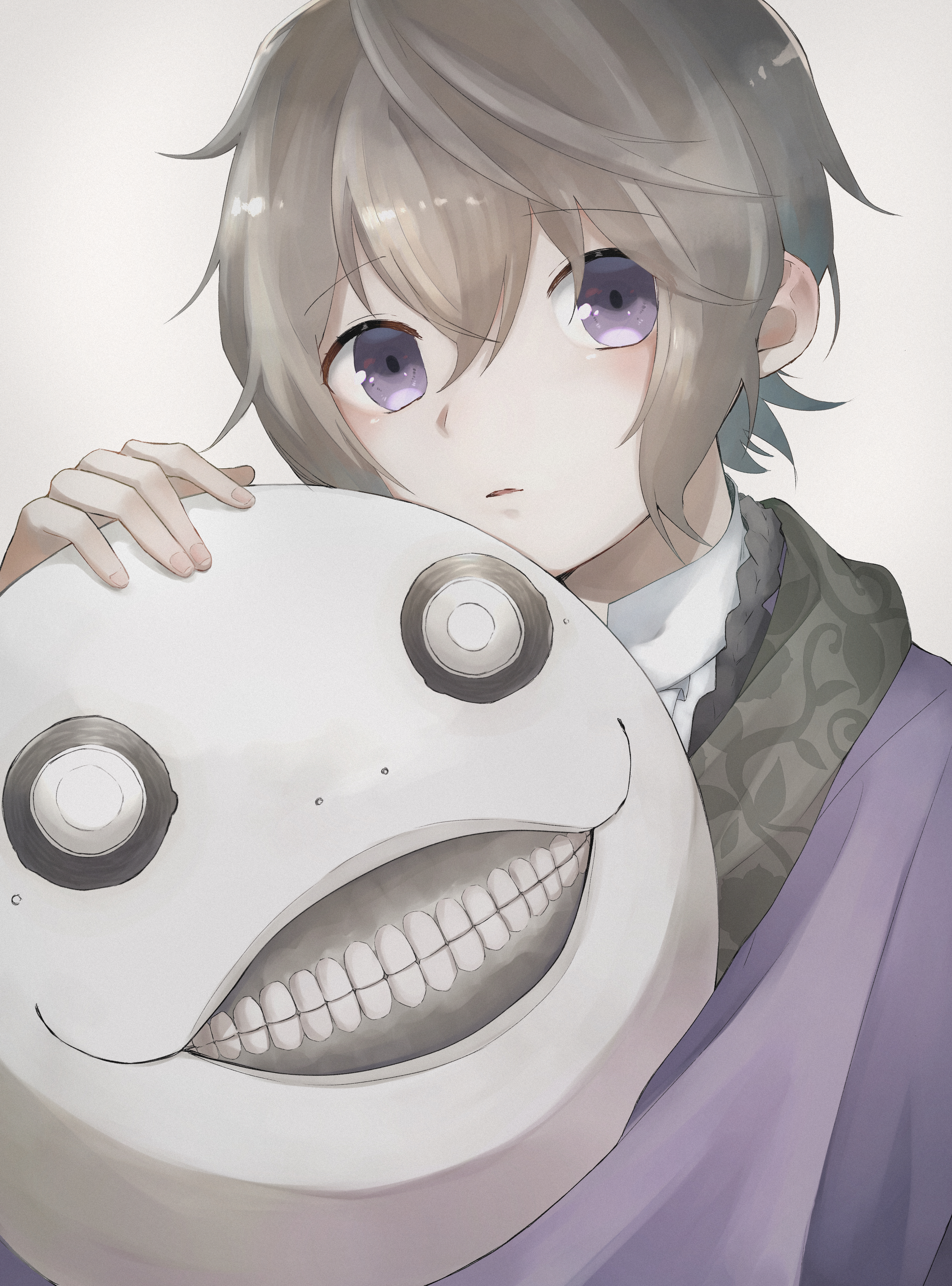 1boy absurdres brown_hair commentary_request emil_(human)_(nier) emil_(nier) hair_between_eyes highres male_focus nana28_tteyatu_(nanakusagayu_28) nier nier_(series) open_mouth purple_eyes short_hair simple_background solo wavy_hair white_background