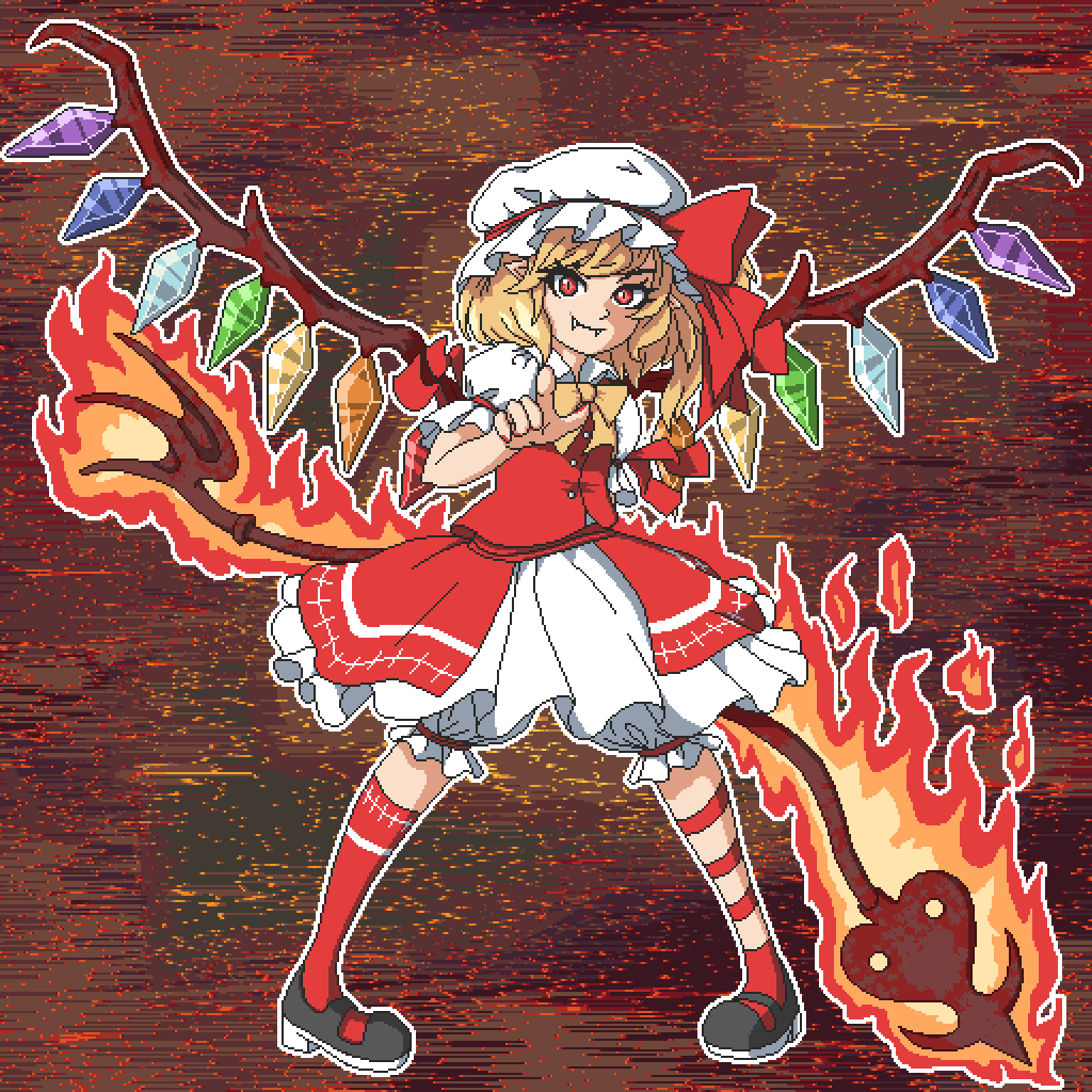 1girl aksawshin back_bow blonde_hair bow bowtie brown_shoes collared_shirt commentary crystal embodiment_of_scarlet_devil fang flandre_scarlet frilled_shirt_collar frilled_skirt frilled_sleeves frills hat hat_ribbon laevatein_(touhou) mary_janes medium_hair mob_cap one_side_up pixel_art pointing pointing_at_viewer puffy_short_sleeves puffy_sleeves red_eyes red_ribbon red_shoes red_skirt red_vest ribbon shirt shoes short_sleeves skirt skirt_set slit_pupils solo touhou vest white_bow white_hat white_shirt wings wrist_cuffs yellow_bow yellow_bowtie