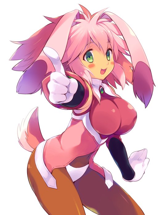 1girl :d ahoge animal_ears aqua_eyes bare_shoulders black_pantyhose blush bodystocking breasts collarbone covered_navel detached_sleeves eyes_visible_through_hair floppy_ears gloves long_hair long_sleeves looking_at_viewer medium_breasts odawara_hakone open_mouth panties panties_over_pantyhose pantyhose pink_hair rabbit_ears rabbit_tail raised_eyebrows seraphita_(xenogears) shiny_clothes short_hair simple_background skin_tight smile solo tail turtleneck underwear white_background white_gloves white_panties xenogears