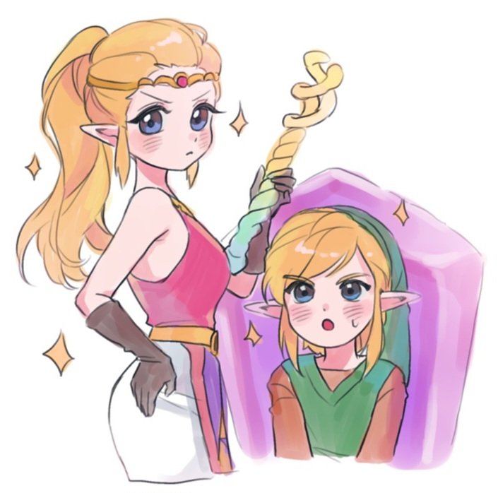 1boy 1girl blonde_hair blue_eyes circlet didi_en_ilu dress holding holding_staff jewelry link long_hair looking_at_viewer mage_staff nintendo open_mouth pointy_ears ponytail princess_zelda simple_background sleeveless staff the_legend_of_zelda the_legend_of_zelda:_echoes_of_wisdom tri_rod tunic