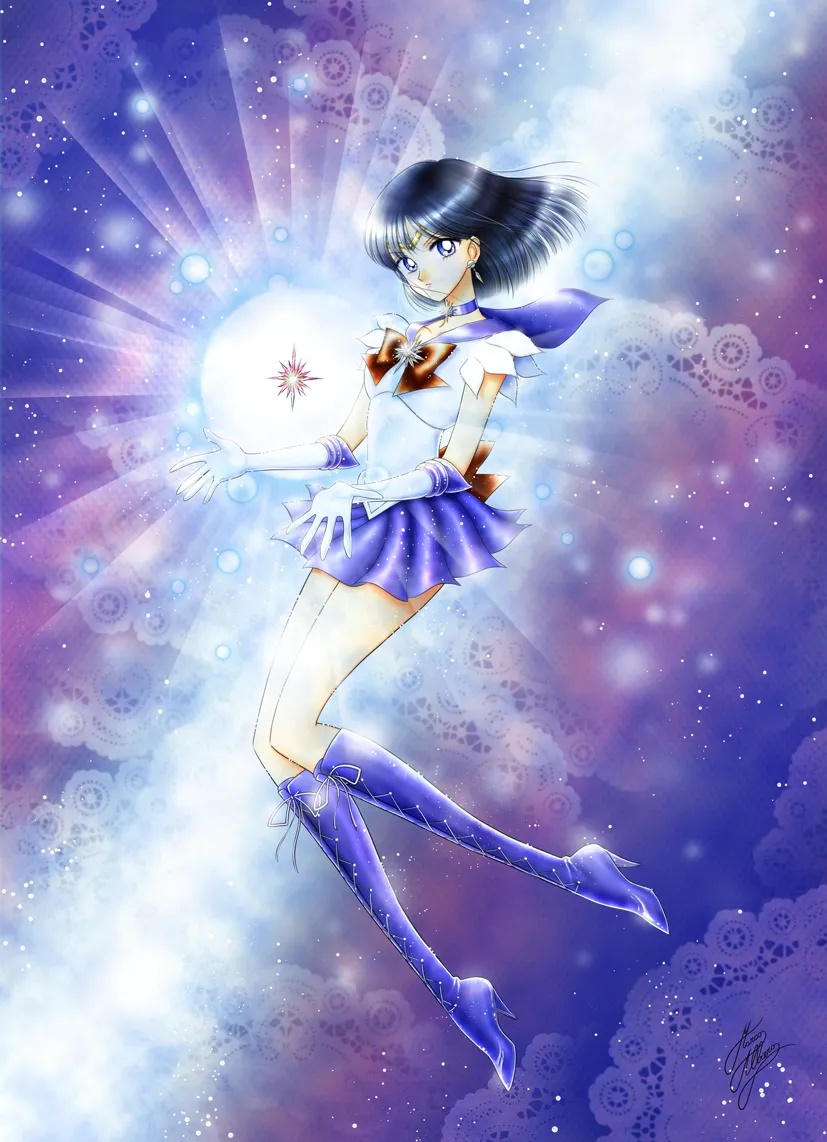 1girl back_bow bishoujo_senshi_sailor_moon bishoujo_senshi_sailor_moon_s black_hair boots bow brooch brown_bow choker circlet earrings elbow_gloves expressionless gloves jewelry knee_boots lace-up_boots lace_background looking_at_viewer magical_girl marco_albiero official_style pleated_skirt pure_heart_crystal purple_background purple_boots purple_choker purple_eyes purple_sailor_collar purple_skirt purple_theme sailor_collar sailor_saturn sailor_senshi_uniform short_hair signature skirt solo star_(symbol) star_brooch star_choker takeuchi_naoko_(style) tomoe_hotaru white_gloves