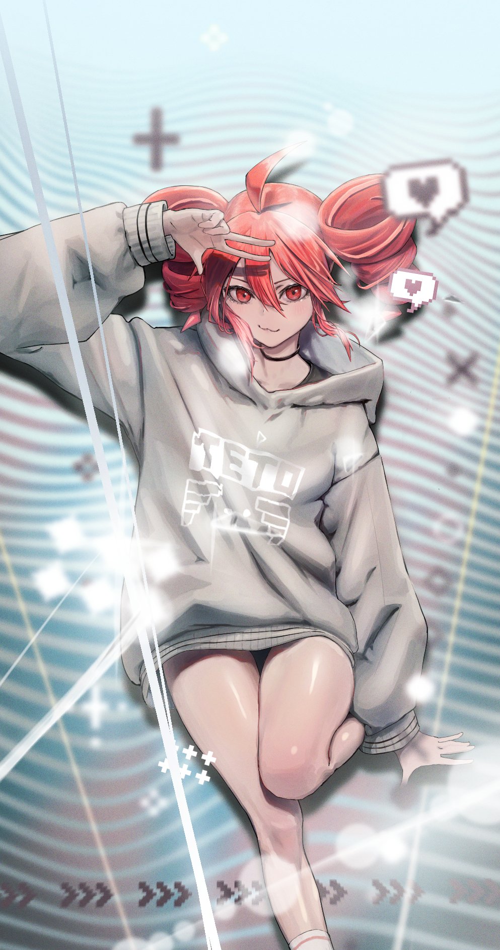 1girl :3 ahoge alternate_costume ankle_socks arm_up blurry blurry_background chastity_cage collarbone commentary_request drill_hair flat_chastity_cage grey_sweater hair_between_eyes heart highres hood hooded_sweater kasane_teto leg_up long_hair piropiro0215 pixel_art red_eyes red_hair small_chastity_cage smile socks solo speech_bubble spoken_heart standing standing_on_one_leg sweater twin_drills utau