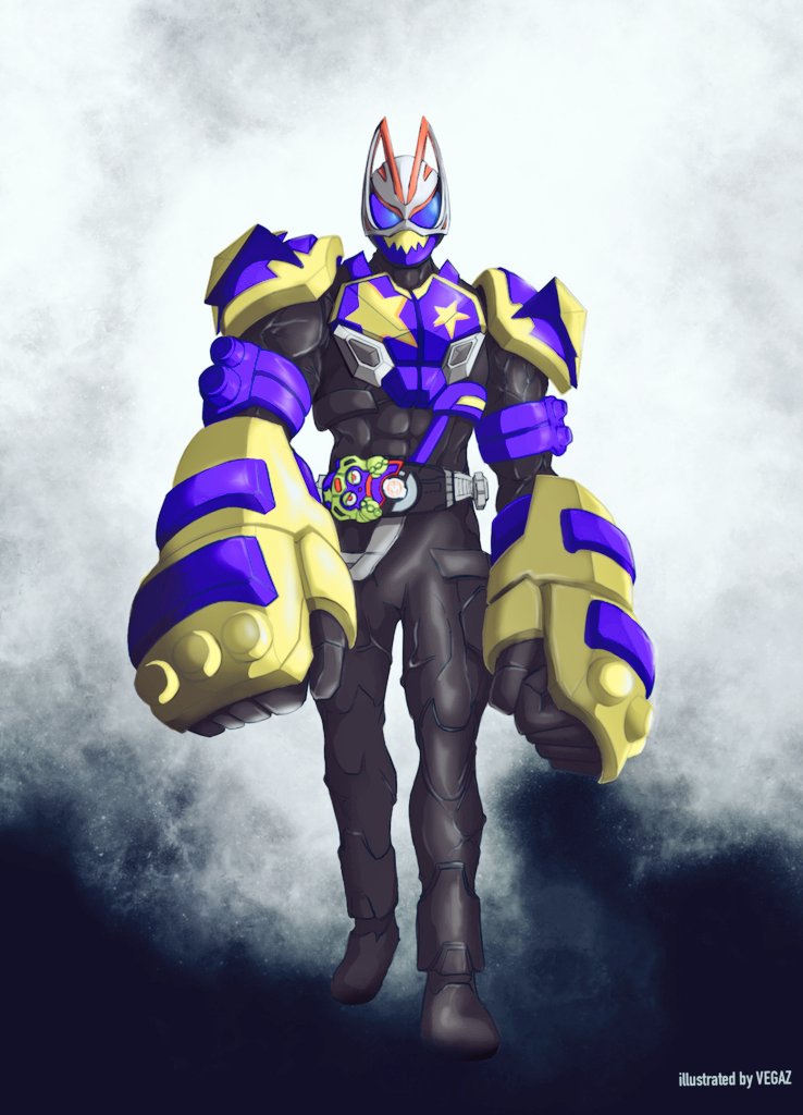 1boy abs armor artist_name blue_armor blue_eyes boxing_gloves brass_knuckles desire_driver fox jack-o&#039;-lantern kamen_rider kamen_rider_geats kamen_rider_geats_(series) kick_back_(song) male_focus manly monster monster_buckle muscular muscular_male parody raise_buckle shadow solo vgz083 weapon