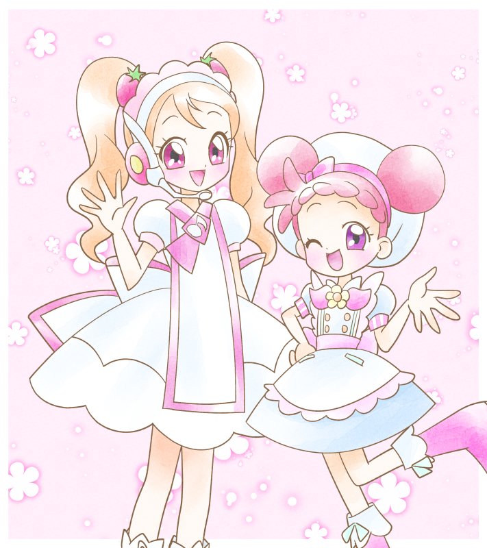 2girls :d blush boots cosplay costume_switch crossover double_bun dress food-themed_hair_ornament hair_bun hair_ornament harukaze_doremi hat headset kirakira_patisserie_uniform kirakira_precure_a_la_mode long_hair magical_girl multiple_girls official_alternate_costume ojamajo_doremi one_eye_closed open_mouth pink_background pink_boots precure purple_eyes red_hair senri_bunny short_bangs simple_background smile twintails usami_ichika