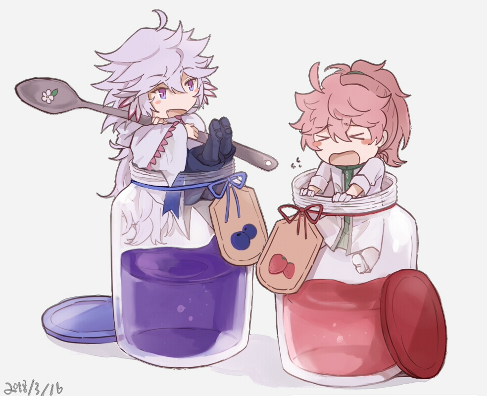 &gt;_&lt; 2boys :d ahoge black_footwear black_pants blueberry_jam blush_stickers boots chibi chibi_only closed_eyes coat dated earrings fate/grand_order fate_(series) flower_earrings flying_sweatdrops full_body gloves hair_between_eyes hanging hanging_on holding holding_spoon hood hood_down hooded_robe in_container in_jar jam jar jewelry long_hair long_sleeves looking_at_another male_focus merlin_(fate) multiple_boys no_nose open_mouth oversized_object oversized_spoon pants pink_hair ponytail purple_eyes purple_hair robe romani_archaman ruoyin shoes simple_background sitting smile spoon strawberry_jam very_long_hair white_background white_coat white_footwear white_gloves white_pants white_robe wide_sleeves