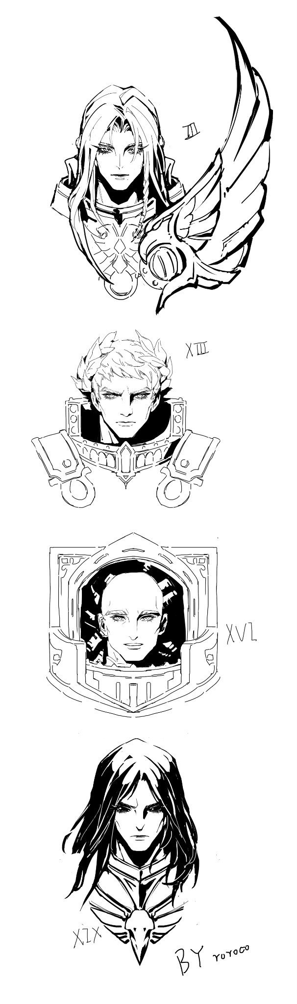 4boys animal_skull animal_skull_ornament armor bald bird_skull black_hair black_legion blonde_hair commentary corvus_corax_(warhammer) emperor&#039;s_children english_commentary eyes_of_horus_(warhammer_40k) fulgrim greyscale highres horus_lupercal laurel_crown long_hair monochrome multiple_boys power_armor primarch raven_guard roboute_guilliman roroco316 short_hair simple_background the_gilded_panoply the_sable_armor the_serpent&#039;s_scales_(warhammer) ultramarines warhammer_40k