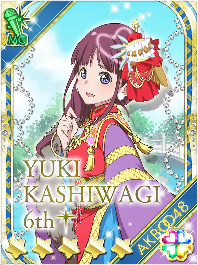 1girl :d akb0048 blue_eyes card_(medium) character_name chinese_clothes from_side hair_ornament heart kashiwagi_yuki_(akb0048) long_hair looking_at_viewer non-web_source official_alternate_hairstyle official_art open_mouth outdoors outstretched_arm purple_hair smile solo sparkle star_(symbol)