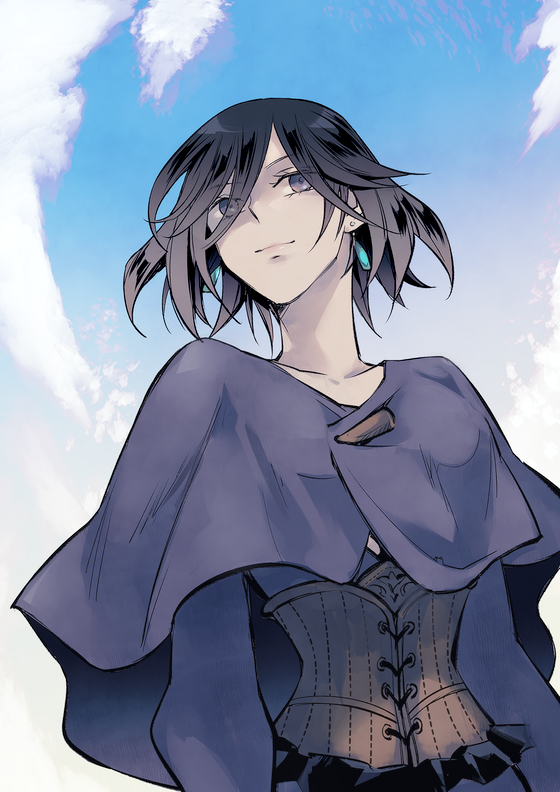 1girl black_hair blue_sky capelet closed_mouth cloud collarbone commentary_request earrings grel_(r6hgvu5) jewelry octopath_traveler octopath_traveler_ii parted_bangs purple_capelet purple_eyes short_hair sky smile solo throne_anguis