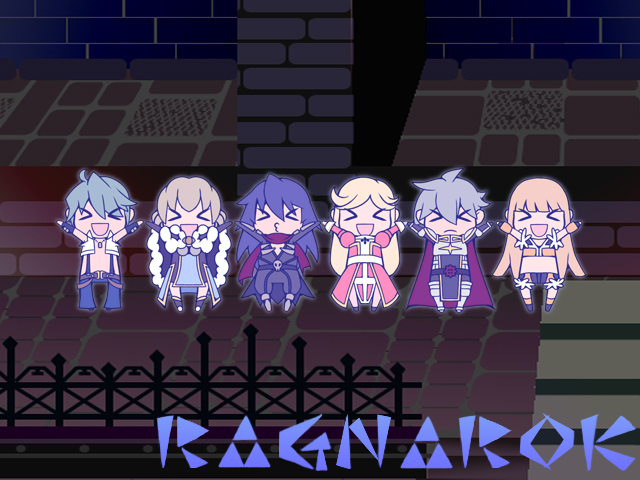 &gt;_&lt; 3boys 3girls :d armor assassin_cross_(ragnarok_online) belt bio_lab black_belt black_pants black_shirt blonde_hair blue_dress blue_eyes blue_hair blue_pants blunt_bangs breastplate brown_cape brown_shorts candy cape cecil_damon chainmail chibi commentary_request copyright_name crop_top cross dancing double_bun dress eremes_guile food full_body fur-trimmed_cape fur-trimmed_shirt fur-trimmed_shorts fur_trim gloves green_hair grey_hair hair_bun high_priest_(ragnarok_online) high_wizard_(ragnarok_online) howard_alt-eisen indoors kathryne_keyron kyu_kyu_kyu_nyaa lollipop long_hair long_sleeves looking_at_viewer lord_knight_(ragnarok_online) margaretha_sorin meme mere_(enya) monster_hunter_(series) monster_hunter_portable_2nd multiple_boys multiple_girls open_clothes open_mouth open_shirt pants pauldrons pink_dress ragnarok_online red_cape sash seyren_windsor shirt short_hair shorts shoulder_armor sleeveless sleeveless_shirt smile sniper_(ragnarok_online) suspenders swept_bangs swirl_lollipop two-tone_dress white_dress white_sash white_shirt whitesmith_(ragnarok_online) xd yellow_gloves yellow_shirt