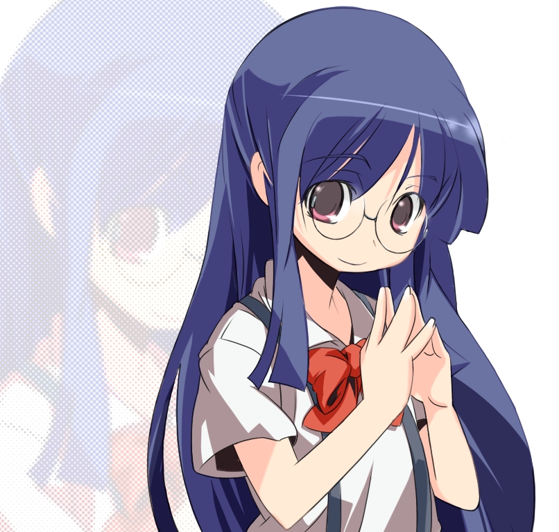 00s 1girl blue_hair bow female_focus furude_rika glasses higurashi_no_naku_koro_ni long_hair nyuusankin solo zoom_layer