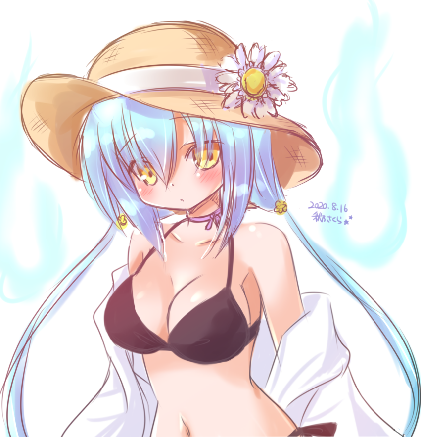 1girl akino_sakura alternate_costume artist_name bikini black_bikini blue_hair bow bow_flower breasts collar dated emil_chronicle_online fireball flower hair_bow hat hat_flower jacket large_breasts long_hair low_twintails purple_collar straw_hat sunflower swimsuit twintails upper_body white_jacket wisp_alma yellow_eyes