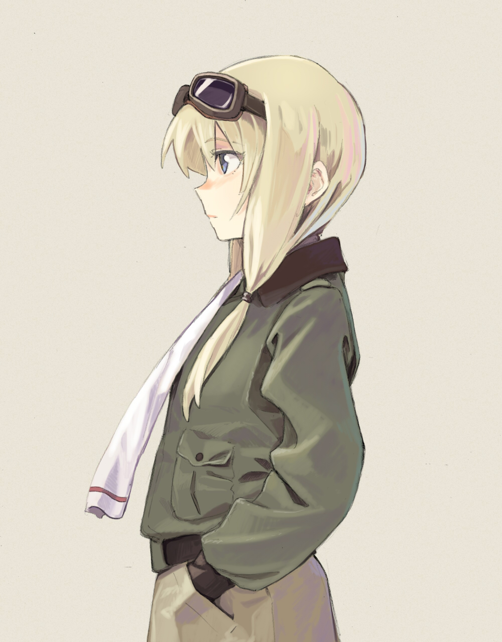 1girl blonde_hair blue_eyes carla_j._luksic closed_mouth collared_jacket commentary_request eyebrows_hidden_by_hair goggles goggles_on_head green_jacket hair_between_eyes hair_tie hands_in_pockets highres jacket long_hair long_sidelocks long_sleeves low-tied_sidelocks noble_witches profile scarf shiratama_(hockey) sidelocks simple_background solo white_background white_scarf world_witches_series