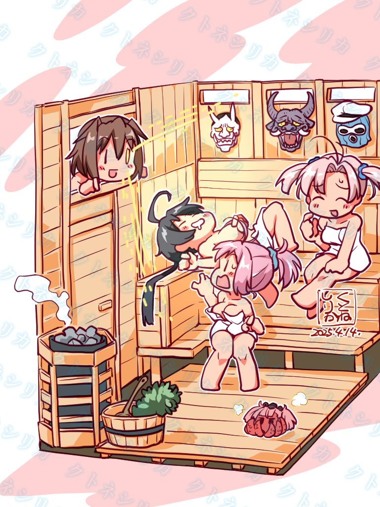 4girls ahoge animalization aoba_(kancolle) artist_logo atlanta_(kancolle) banya_(sauna) bare_shoulders commentary_request dated furutaka_(kancolle) heterochromia kako_(kancolle) kantai_collection kinugasa_(kancolle) kutone_shirika logo long_hair mask multiple_girls naked_towel octopus oni_mask pink_hair sauna sauna_bucket sauna_ladle short_hair sitting sleeping towel translation_request twintails