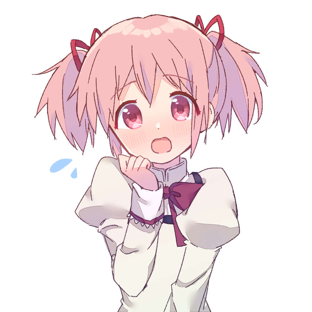 1girl blush bow bowtie brown_shirt collared_shirt commentary_request dot_nose flying_sweatdrops frown hair_ribbon hand_on_own_cheek hand_on_own_face high_collar juliet_sleeves kaname_madoka lace-trimmed_sleeves lace_trim long_sleeves looking_at_viewer mahou_shoujo_madoka_magica mahou_shoujo_madoka_magica_(anime) mitakihara_school_uniform nervous open_mouth pink_eyes pink_hair puffy_sleeves red_bow red_bowtie red_ribbon ribbon ruru_(rurumagi) school_uniform shirt short_hair short_twintails simple_background solo straight-on tareme twintails upper_body white_background white_sleeve_cuffs