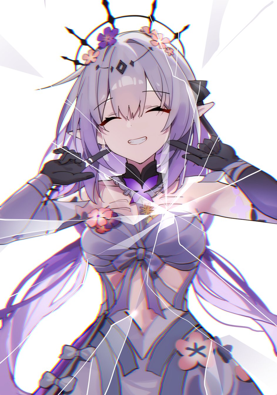 1girl bare_shoulders breasts broken_screen cahangonn castorice_(honkai:_star_rail) clothing_cutout commentary cowboy_shot dress english_commentary flower_ornament head_wreath highres honkai:_star_rail honkai_(series) long_hair medium_breasts pointing pointing_at_self pointy_ears purple_hair purple_hands smile solo stomach_cutout white_dress