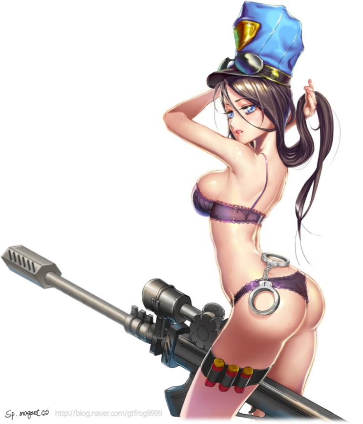 ass blue_eyes bra breasts caitlyn_(league_of_legends) cuffs gun handcuffs image_sample league_of_legends naver_sample panties purple_bra purple_panties solo sp_magaet underwear weapon