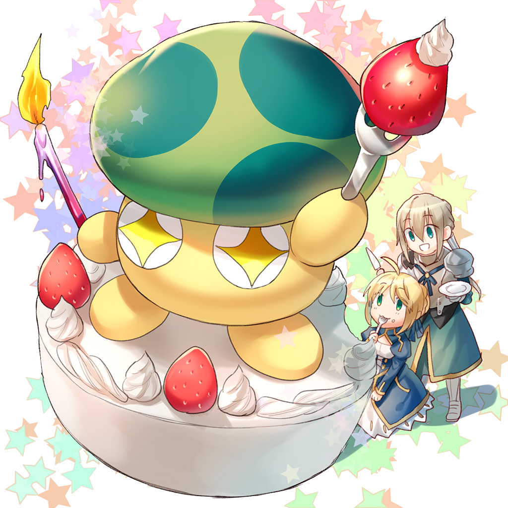 +_+ 1boy 1girl ahoge armor artoria_pendragon_(fate) bad_id bedivere_(fate) blonde_hair blue_dress cake candle dress fate/grand_order fate_(series) food fork fruit green_eyes grey_hair holding holding_candle holding_fork icing long_sleeves mushroom nasu_kinoko saber_(fate) simple_background smile star_(symbol) strawberry tenkuu_sphere type-moon