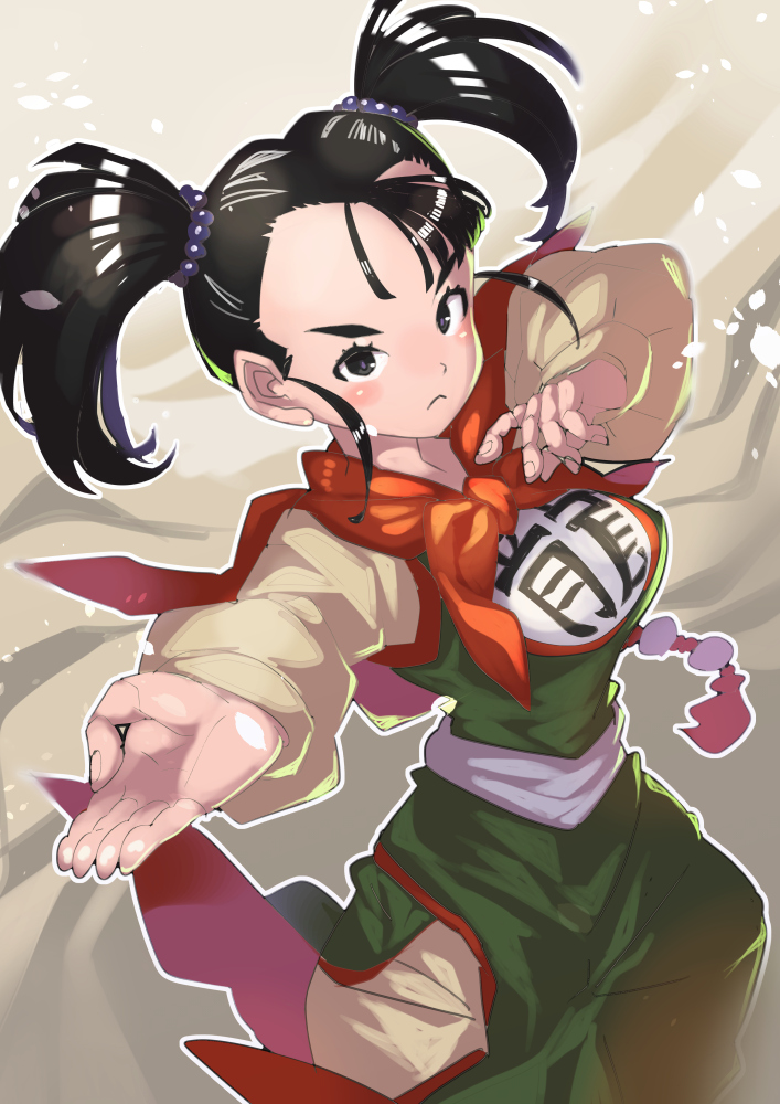 1girl black_eyes black_hair blunt_bangs blush breasts cape cowboy_shot dragon_quest dragon_quest_iii martial_artist_(dq3) fighting_stance from_above frown furrowed_brow green_tunic grey_shirt hair_tie kuwango long_sleeves looking_at_viewer martial_arts medium_breasts red_cape shirt sidelocks solo tunic twintails upper_body