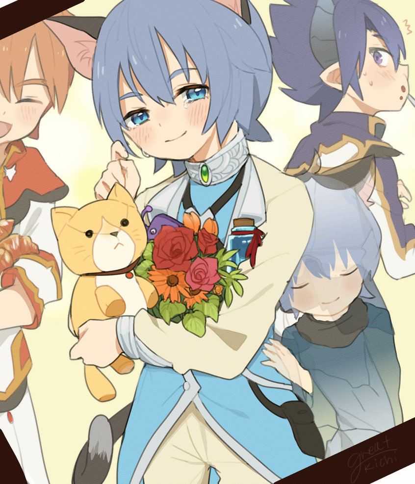 4boys animal_ears bad_id bad_pixiv_id blue_eyes blue_hair blush bouquet brothers brown_eyes brown_hair cat_boy cat_ears cat_tail closed_eyes demon_boy flower forked_eyebrows ghost great_kichi horns ledo_vassar looking_at_viewer male_focus multiple_boys open_mouth pointy_ears pop-up_story purple_eyes selim_spark siblings smile st._feles_gakuen_uniform stuffed_animal stuffed_cat stuffed_toy tail tears ziz_glover