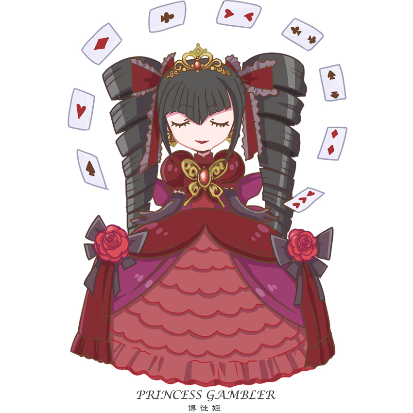 1girl alternate_costume black_bow black_gloves black_hair bow card celestia_ludenberg closed_eyes club_(shape) danganronpa:_trigger_happy_havoc danganronpa_(series) diamond_(shape) dress drill_hair elbow_gloves english_text eyelashes flower full_body gloves gold_tiara hair_bow heart heart_card jewelry koutei_penko lipstick long_hair makeup mixed-language_text playing_card red_bow red_dress red_flower simple_background solo spade_(shape) white_background