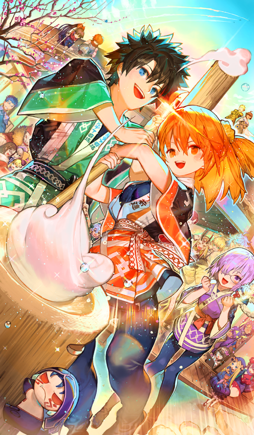 6+boys 6+girls abigail_williams_(fate) ahoge architecture artoria_pendragon_(fate) bare_tree black_hair black_pants black_sash black_shirt blonde_hair blue_hair blue_sky boudica_(fate) breasts brown_hair brown_shoes character_doll cloud commentary creature creature_on_shoulder cu_chulainn_(fate) cu_chulainn_(fate/stay_night) dark-skinned_male dark_skin diffraction_spikes dutch_angle east_asian_architecture emphasis_lines fate/grand_order fate_(series) food fou_(fate) fuuma_kotarou_(fate) gilgamesh_(fate) glasses gray_(fate) green_eyes green_jacket green_kimono hair_between_eyes hair_ornament hair_over_one_eye hair_scrunchie happi high_ponytail holding holding_mallet ibaraki_douji_(fate) iskandar_(fate) jacket japanese_clothes jeanne_d&#039;arc_alter_santa_lily_(fate) katou_danzou_(fate) katsushika_hokusai_(fate) kazeto kimono kine long_hair looking_at_viewer lord_el-melloi_ii low_ponytail mallet mash_kyrielight medium_breasts medium_hair merlin_(fate) mini_cu-chan_(fate) mochi mochi_trail mochitsuki mortar_(bowl) multiple_boys multiple_girls new_year nitocris_(fate) official_alternate_costume official_art on_roof on_shoulder one_side_up open_mouth orange_hair orange_jacket orange_kimono orange_sash osakabehime_(fate) outdoors ozymandias_(fate) pants ponytail purple_eyes purple_hair purple_jacket red_hair reines_el-melloi_archisorte round_eyewear saber_(fate) sash scrunchie shirt shoes short_hair sky smile spiked_hair sunlight sunrise teamwork teeth third-party_source tree two-handed upper_teeth_only very_long_hair waver_velvet white_hair wide_sleeves