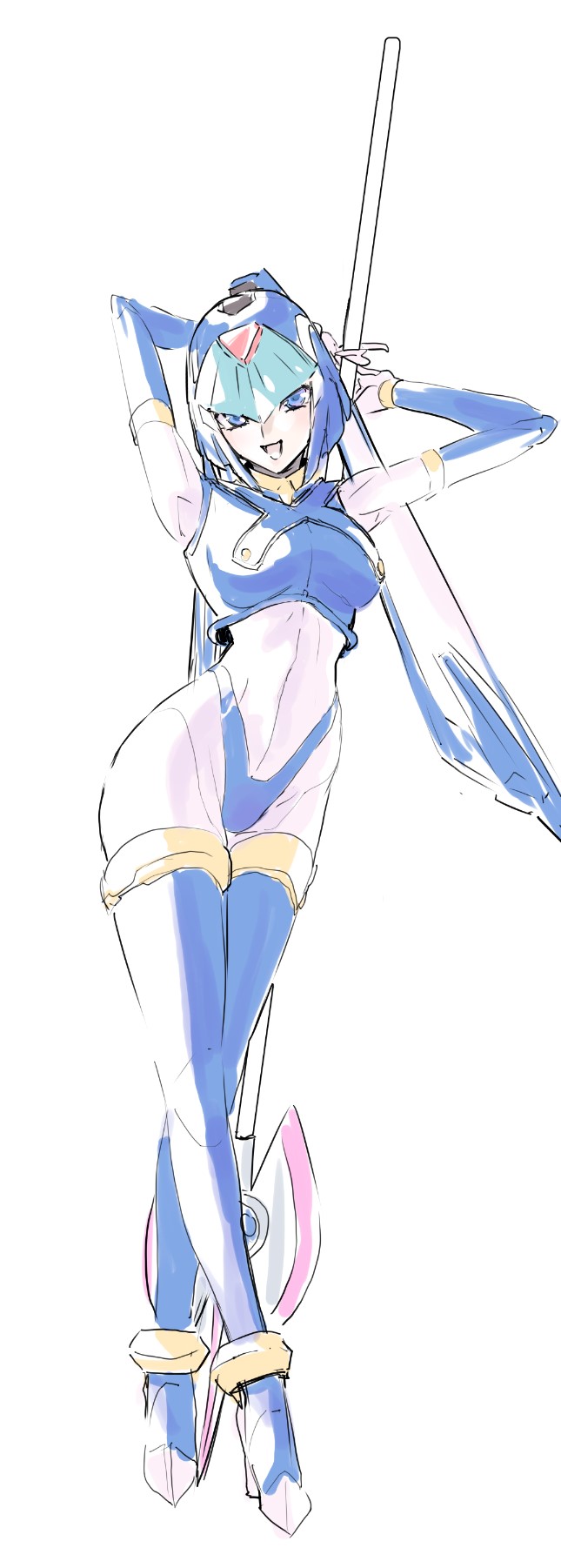 1girl arms_behind_head blue_eyes blue_helmet boots breasts crop_top fairy_leviathan_(mega_man) fins full_body head_fins helmet high_heel_boots high_heels highres holding holding_polearm holding_weapon large_breasts mega_man_(series) mega_man_zero_(series) mogi_yasunobu open_mouth polearm simple_background sketch smile solo spear thigh_boots weapon white_background