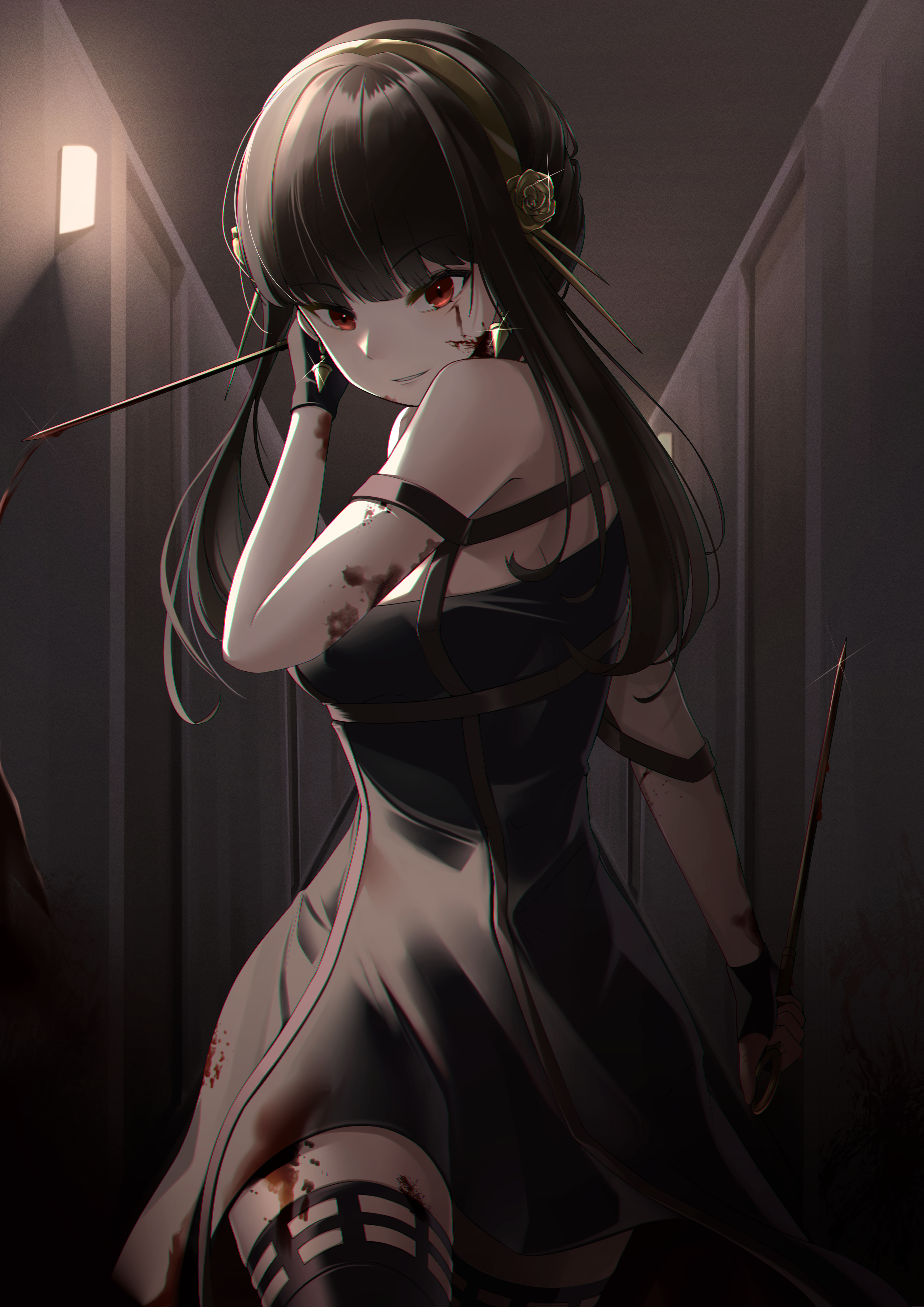 1girl absurdres black_dress black_gloves black_hair black_thighhighs blood blood_on_clothes blood_on_face dagger dress dual_wielding earrings flower gloves hair_flower hair_ornament hairband highres holding holding_weapon jewelry knife looking_at_viewer off-shoulder_dress off_shoulder red_eyes rose sidelocks smile sparkle spy_x_family thighhighs weapon winterlime12 yor_briar