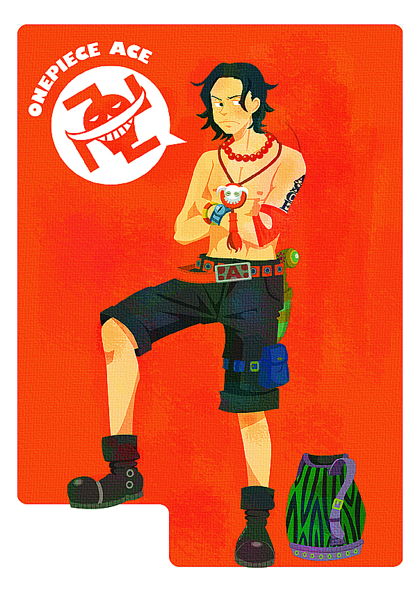 1boy arm_tattoo bead_necklace beads belt black_shoes black_shorts border captain_morgan_pose character_name closed_mouth copyright_name forehead freckles full_body green_bag jewelry jolly_roger male_focus necklace one_piece orange_background orange_belt pectorals portgas_d._ace shoes short_hair shorts swastika tattoo topless_male umami_(cana7227) watch white_border whitebeard_pirates_jolly_roger wristwatch
