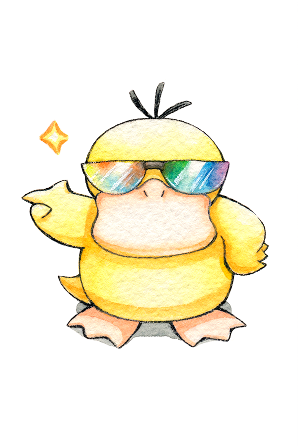 beak bird commentary duck english_commentary full_body gen_1_pokemon looking_at_viewer nintendo no_humans oliver_hamlin pokemon pokemon_(creature) pokemon_focus psyduck simple_background solo sunglasses white_background