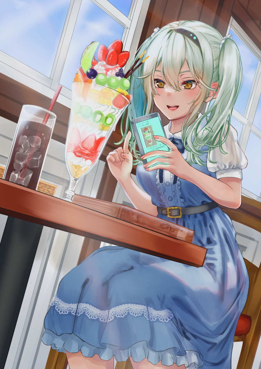 1girl alternate_costume cola dark-skinned_female dark_skin dress food green_hair heaven_burns_red highres kurozawa_maki long_hair noir_(nowaru) parfait sidelocks strawberry_parfait twintails yellow_eyes