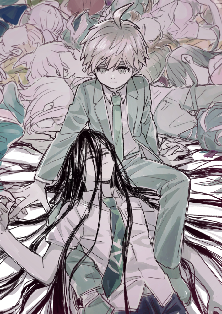 5boys 5girls ahoge black_hair blonde_hair breast_pocket breasts brown_eyes brown_hair cheeseko collared_shirt corpse cosplay danganronpa_(series) danganronpa_2:_goodbye_despair danganronpa_3_(anime) green_necktie grey_hair grey_shirt hanamura_teruteru hinata_hajime hinata_hajime_(cosplay) kamukura_izuru komaeda_nagito kuzuryu_fuyuhiko large_breasts long_sleeves looking_at_another messy_hair mioda_ibuki multiple_boys multiple_girls naegi_makoto nanami_chiaki necktie on_lap owari_akane pants pekoyama_peko pink_shirt pocket shirt short_hair short_sleeves sitting spoilers tsumiki_mikan