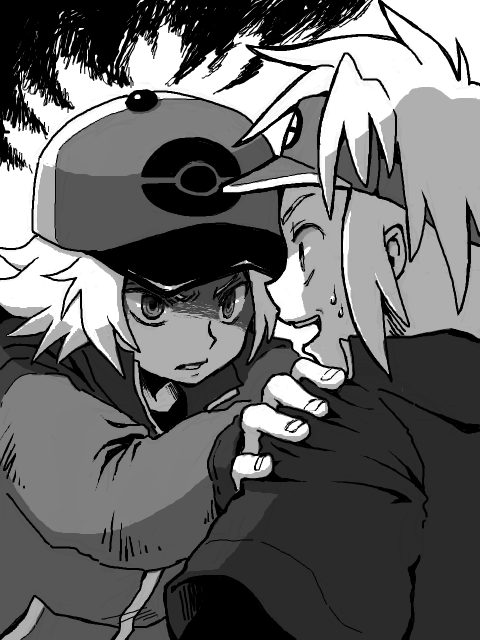 10s 2boys angry baseball_cap greyscale hat hilbert_(pokemon) male_focus mariemon monochrome multiple_boys nate_(pokemon) nintendo pokemon pokemon_bw pokemon_bw2 staring sweatdrop tegaki visor_cap