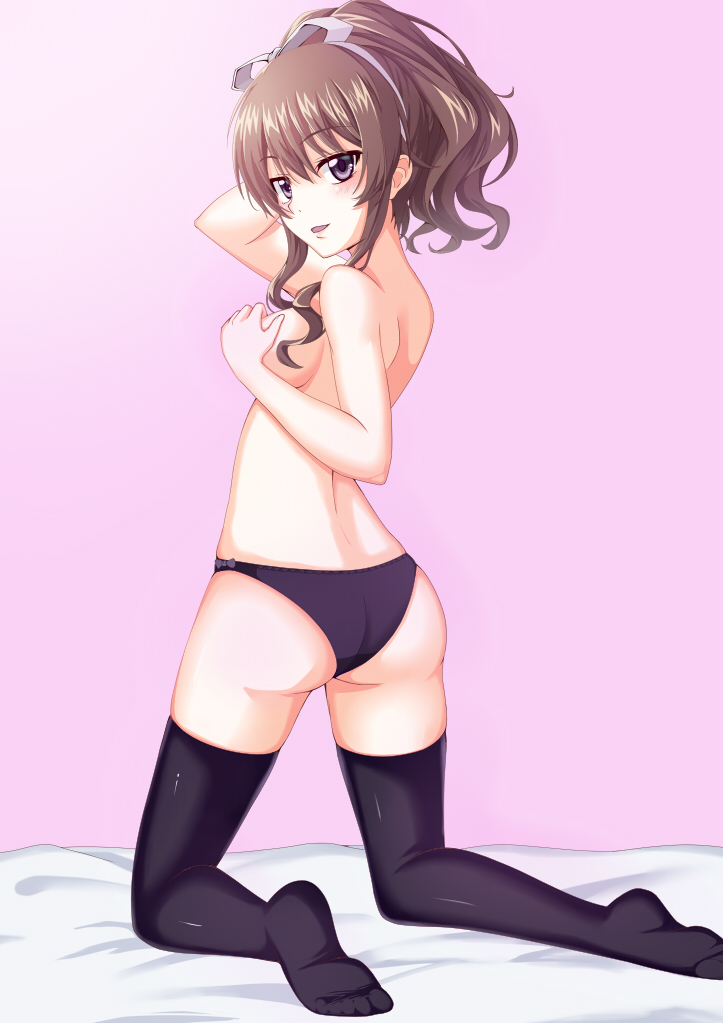 10s 1girl ass black_panties black_thighhighs breasts brown_hair covering_breasts covering_privates feet female_focus hanamiya_nagisa heikichi kneeling long_hair looking_back no_shoes open_mouth panties purple_eyes solo thighhighs topless_female underwear underwear_only ushinawareta_mirai_wo_motomete